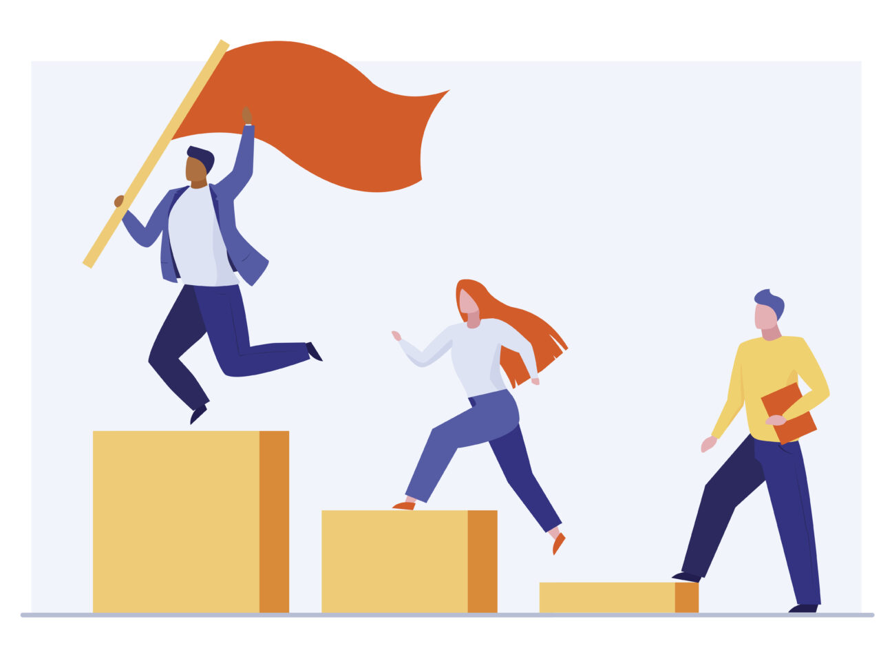 Leader winning business competition. Winner, flag, podium, competitors flat vector illustration. Leadership, award, triumph concept for banner, website design or landing web page