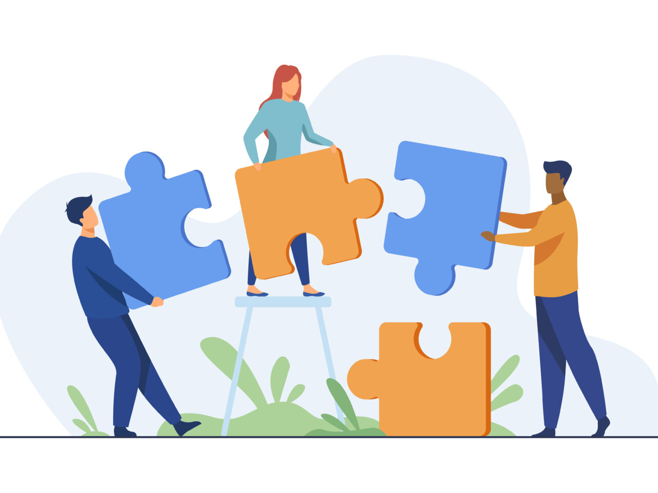 Partners holding big jigsaw puzzle pieces flat vector illustration. Successful partnership, communication and collaboration metaphor. Teamwork and business cooperation concept.
