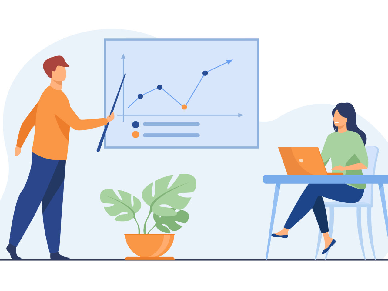 Business coach showing growth graph to businesswoman. Laptop, training, statistics flat vector illustration. Analytics and management concept for banner, website design or landing web page