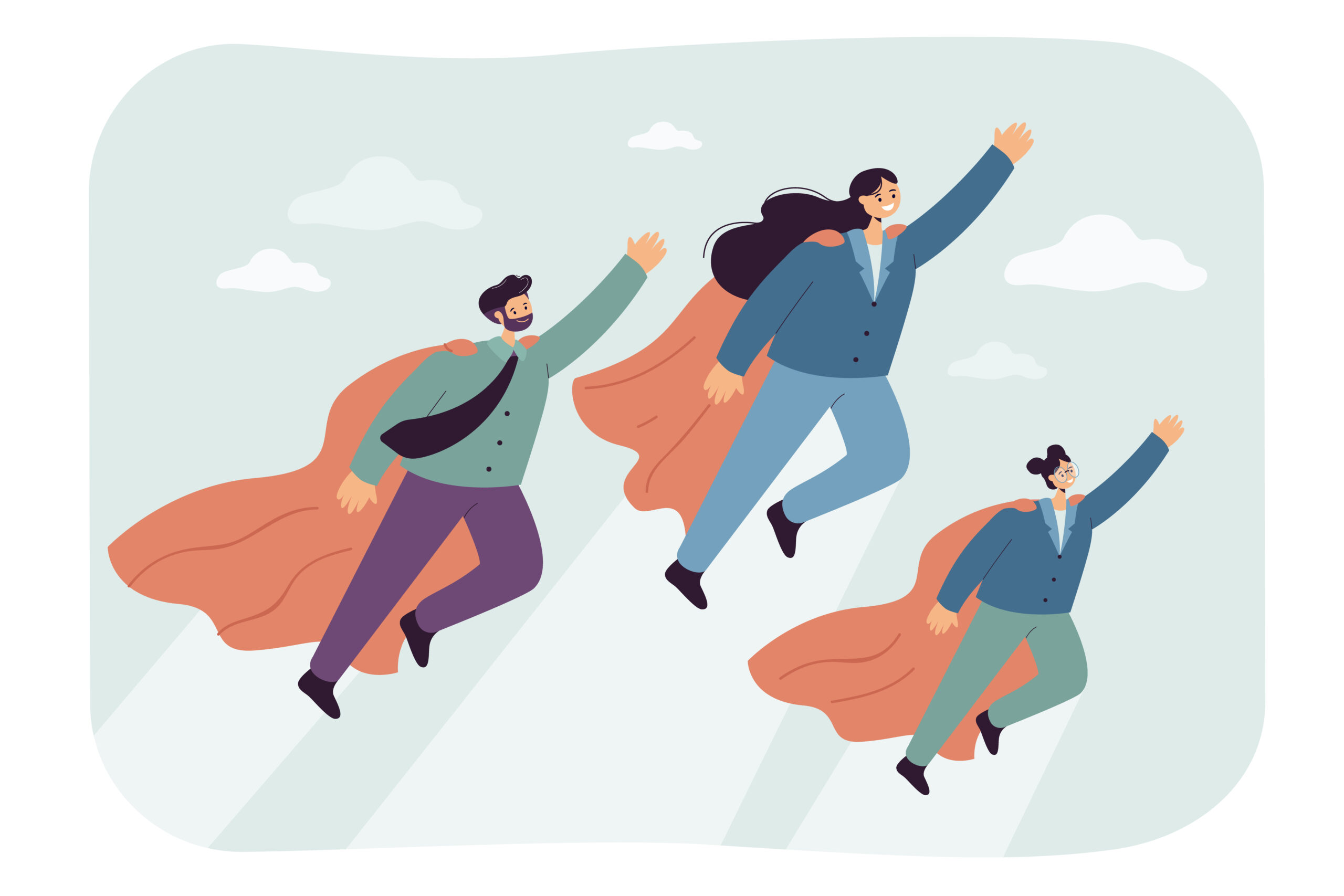 Cartoon family of superheroes flying up. Flat vector illustration. Mother, father, daughter as powerful rescue team in suits with flying capes. Family, power, business, teamwork, imagination concept