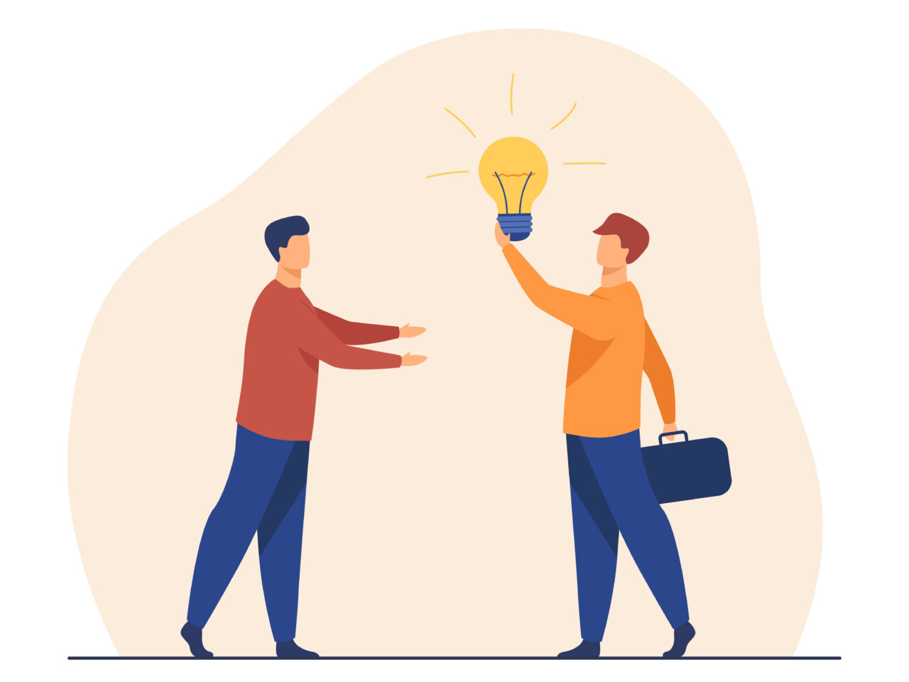 Man selling idea for startup. Shining lightbulb, partners, finding investors. Flat vector illustration. Business, new project, partnership concept for banner, website design or landing web page